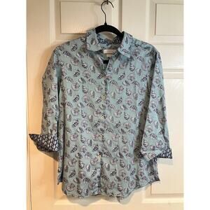 Coastal Flair Seashell Pattern 3/4 Flip Sleeve Button Down Shirt Blue Size 10